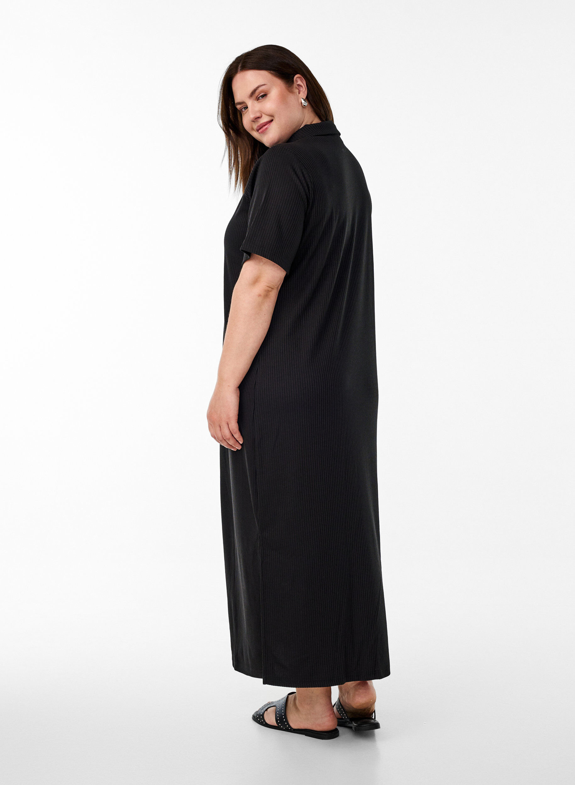Zizzifashion Maxi dress in jersey with collar and short sleeves, Black, Model image number 1