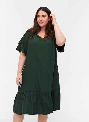 Short-sleeved dress with A-line cut and pockets, Scarab, Model image number 0