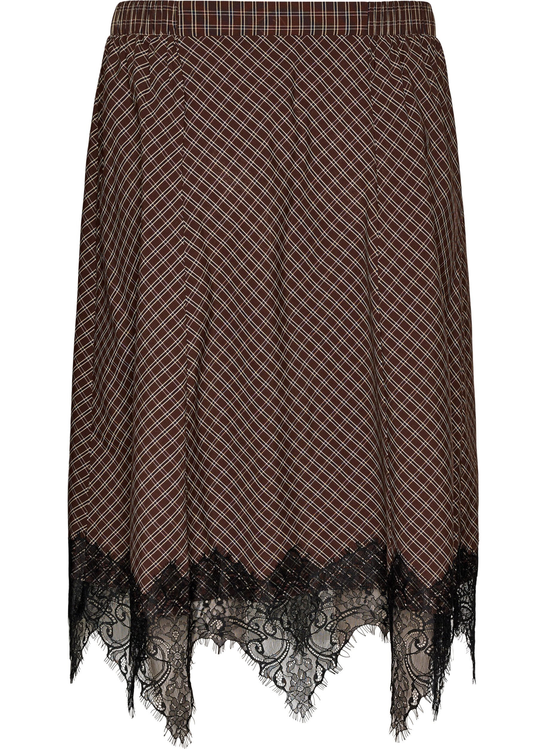 ZizzifashionMidi skirt with lace trim and check pattern, Brown, Packshot image number 1