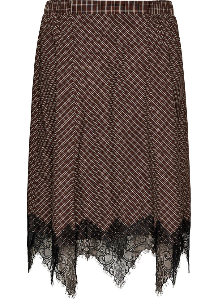 Midi skirt with lace trim and check pattern, Brown, Packshot image number 1