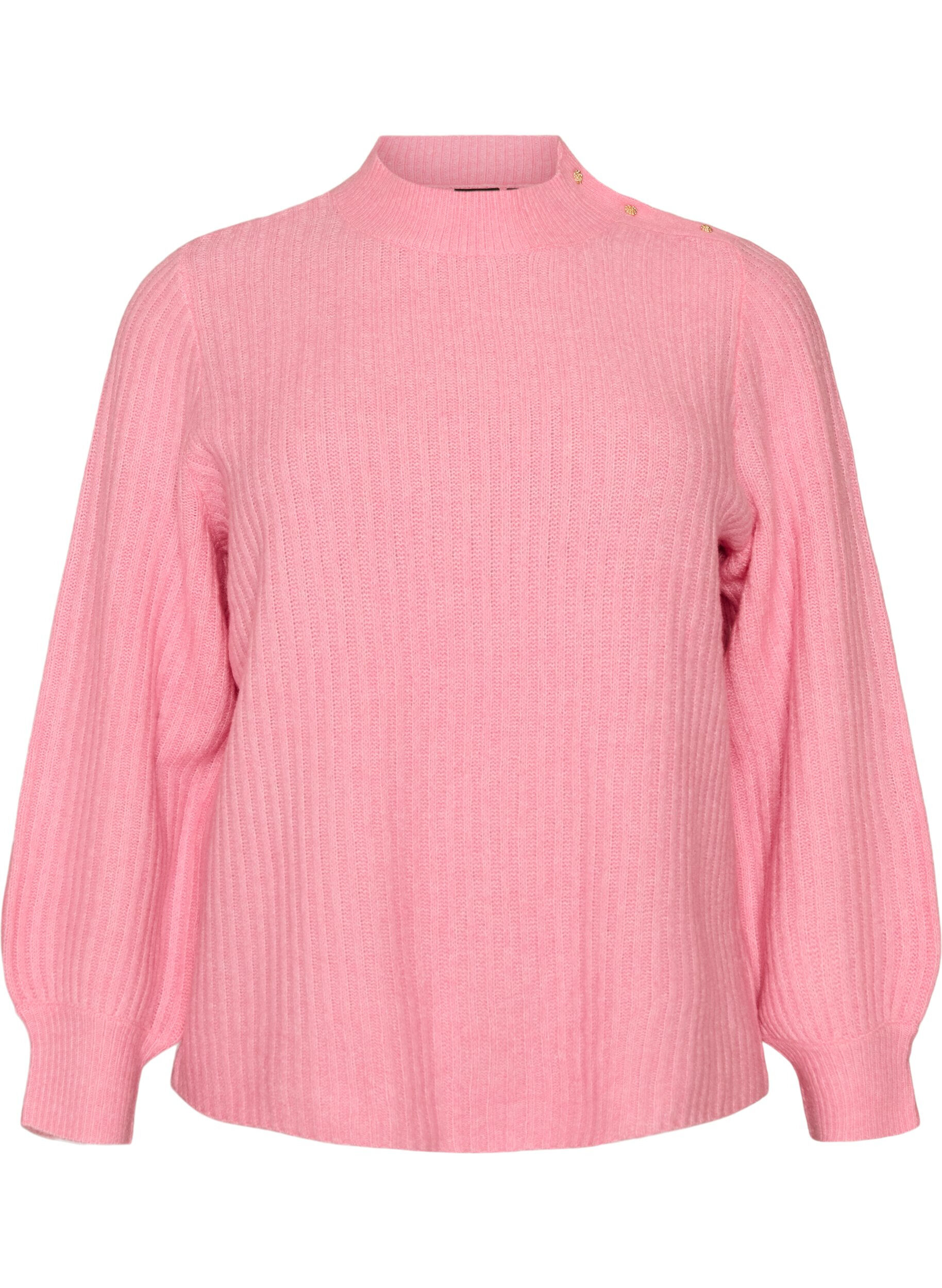 ZizzifashionRibbed jumper with puff sleeves and buttons, Pink, Packshot image number 0