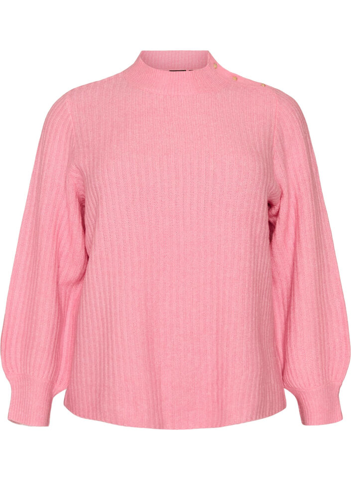 Ribbed jumper with puff sleeves and buttons, Pink, Packshot image number 0