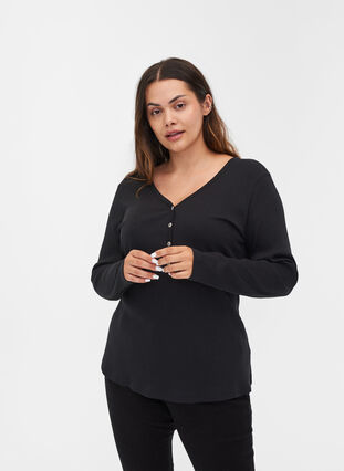 Long sleeve ribbed blouse with button detailing, Black, Model image number 0