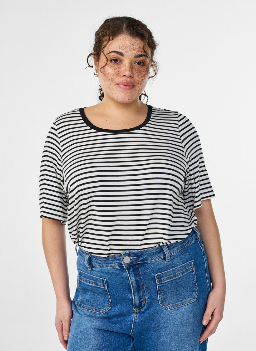 T-shirt with TENCEL™ Lyocell and stripes, White, Model image number 0