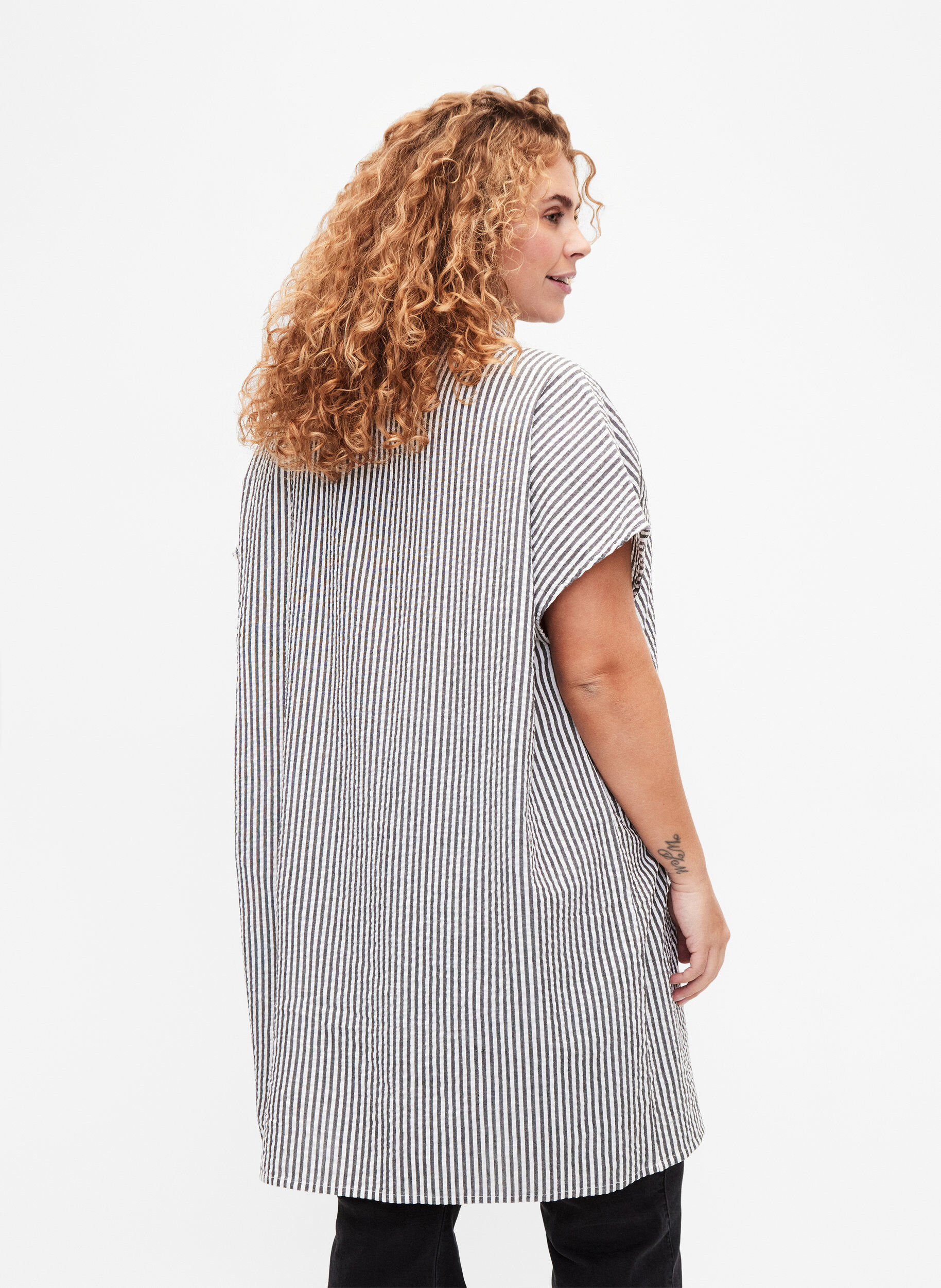 Zizzifashion Long striped cotton shirt, Black, Model image number 1