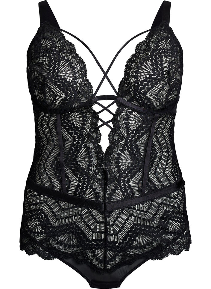 Lace bodystocking with lace details, Black, Packshot image number 0