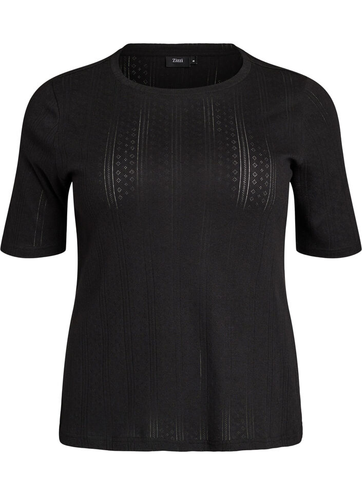 Cotton T-shirt with eyelet embroidery, Black, Packshot image number 0