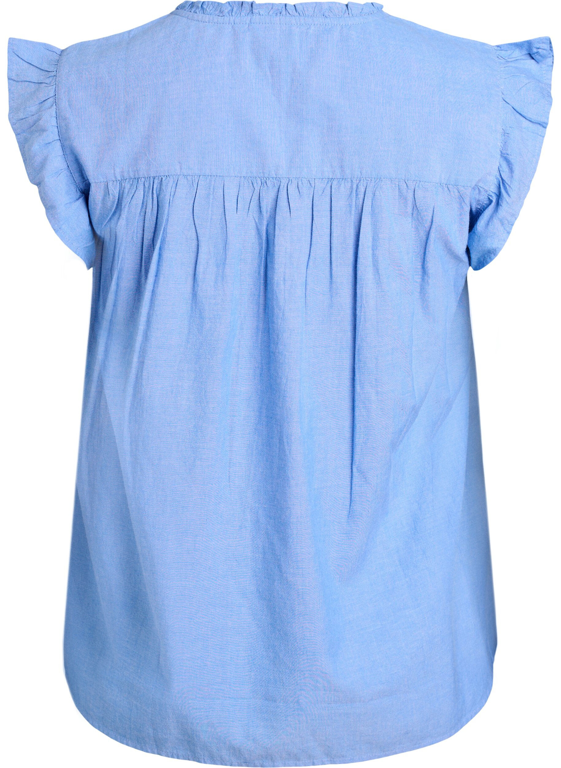 Zizzifashion Sleeveless cotton blouse with ruffle edges, Light Blue, Packshot image number 1
