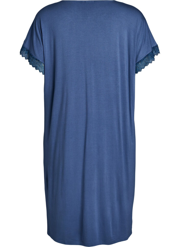 Viscose nightgown with short sleeves and lace trim, Blue, Packshot image number 1