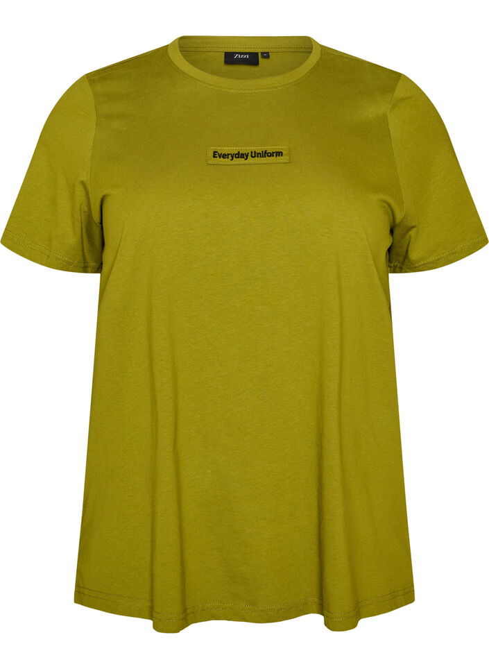 Cotton T-shirt with text badge, Green, Packshot image number 0