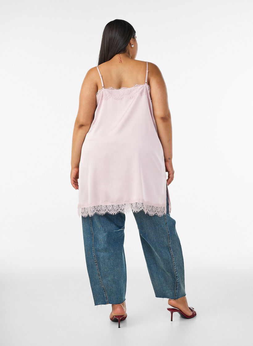 Long satin top with lace edges, Red, Model image number 2