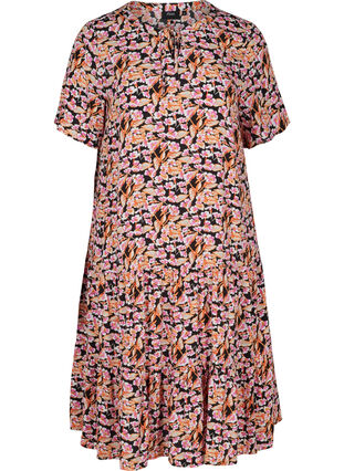 Short-sleeved viscose dress with print, Pink Flower on Black, Packshot image number 0