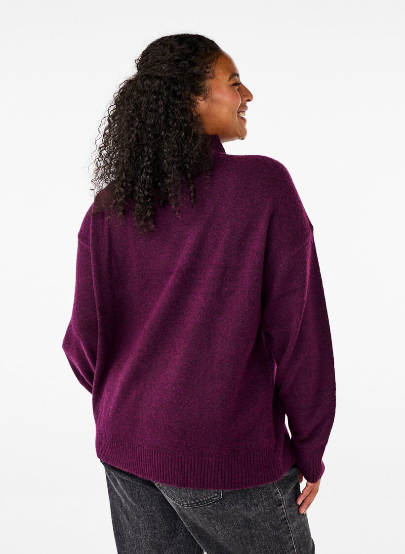 Knitted wool blouse with high neck, Potent Purple Mel., Model image number 1