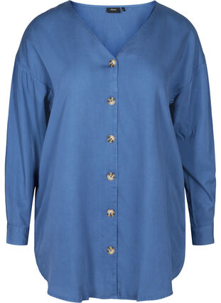 V-neck lyocell shirt, Blue denim, Packshot image number 0