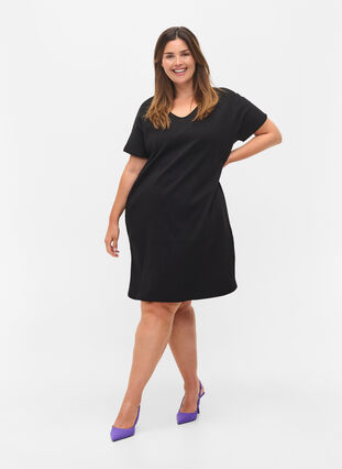 Short-sleeved cotton dress in rib knit, Black, Model image number 2