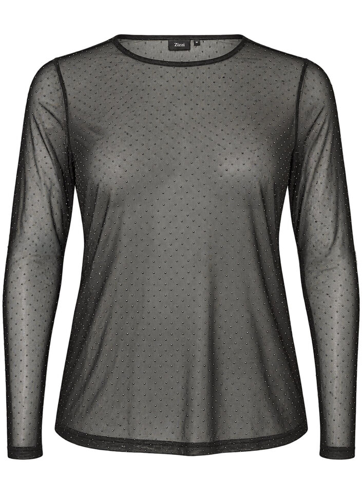Sheer mesh blouse with rhinestones, Black, Packshot image number 0