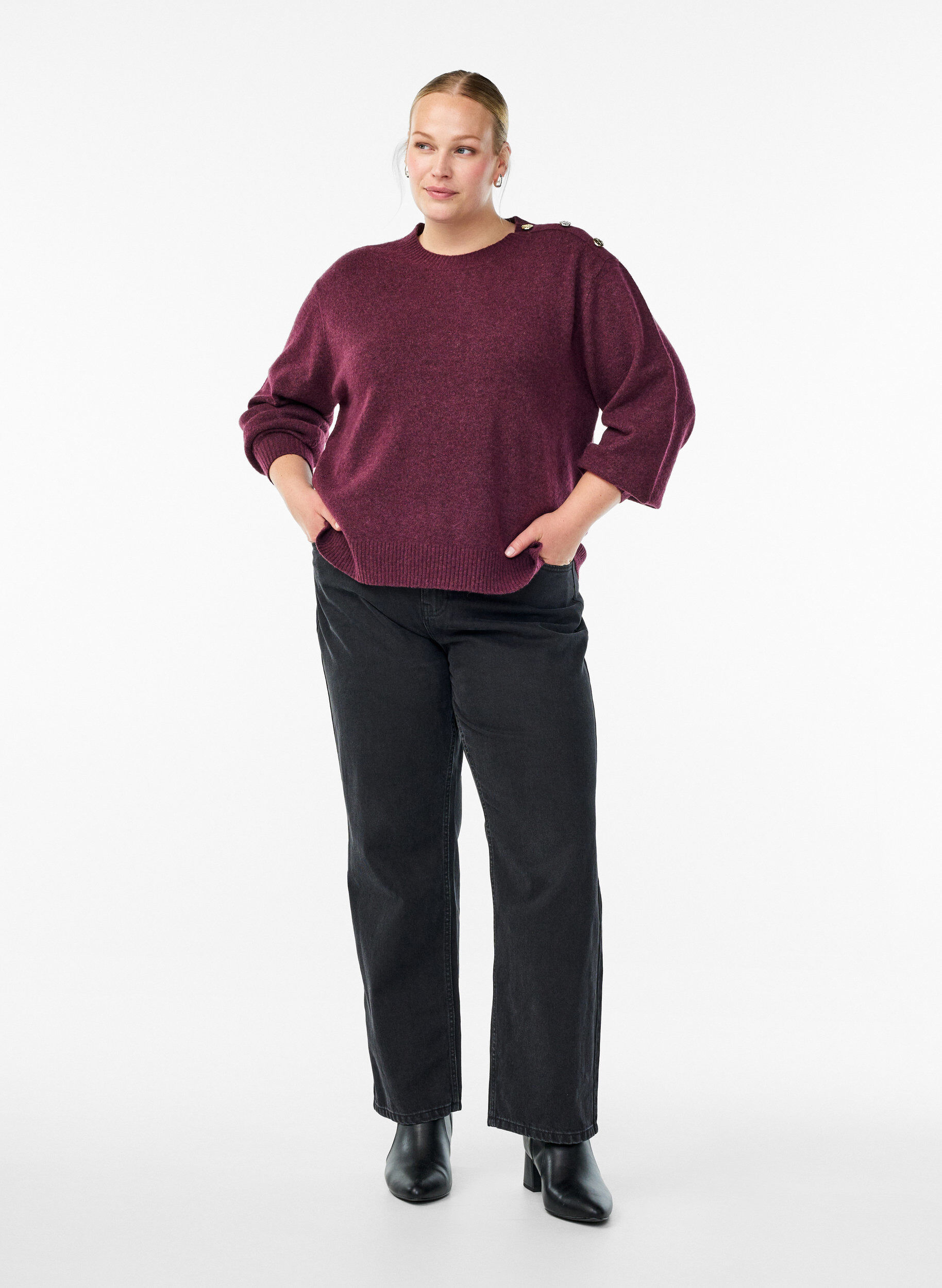 ZizzifashionKnit blouse with button detail, Dark Bordeaux, Model image number 1