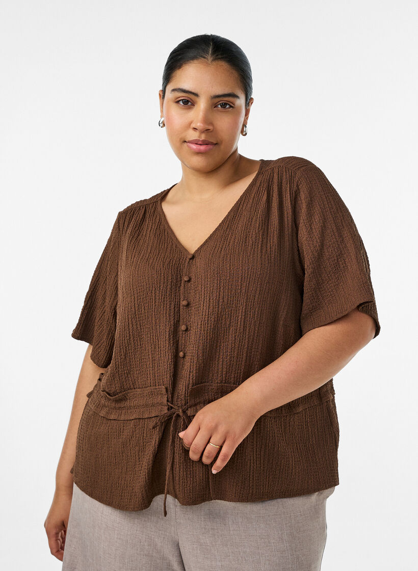 Blouse with texture and a tie-waist, Brown, Model image number 0