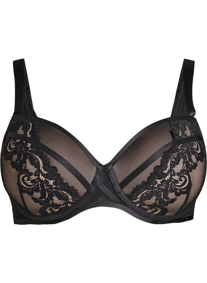 Moulded underwired bra with floral lace, Black, Packshot image number 0