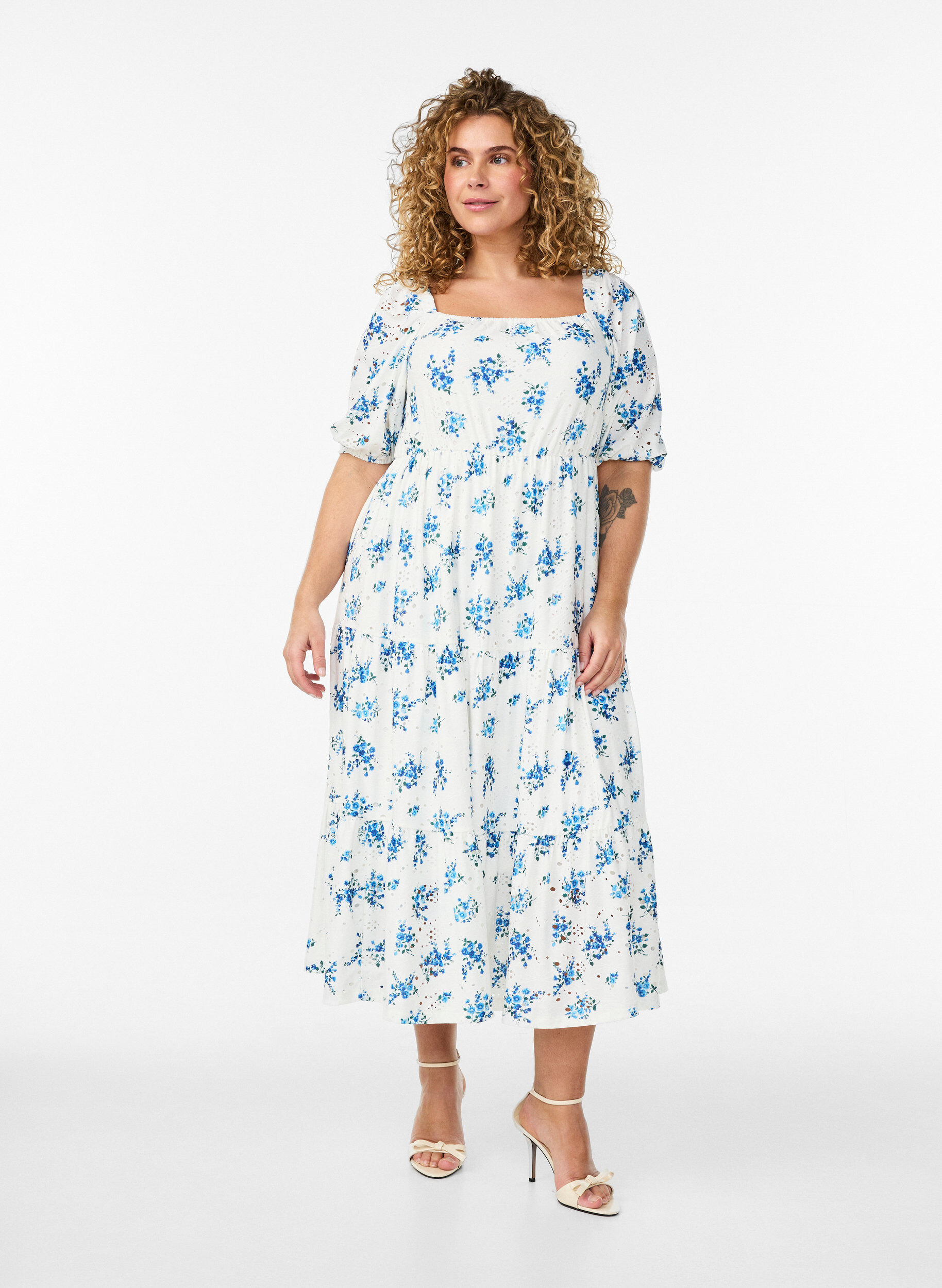 Ankle-length dress with floral print and eyelet embroidery, White, Model