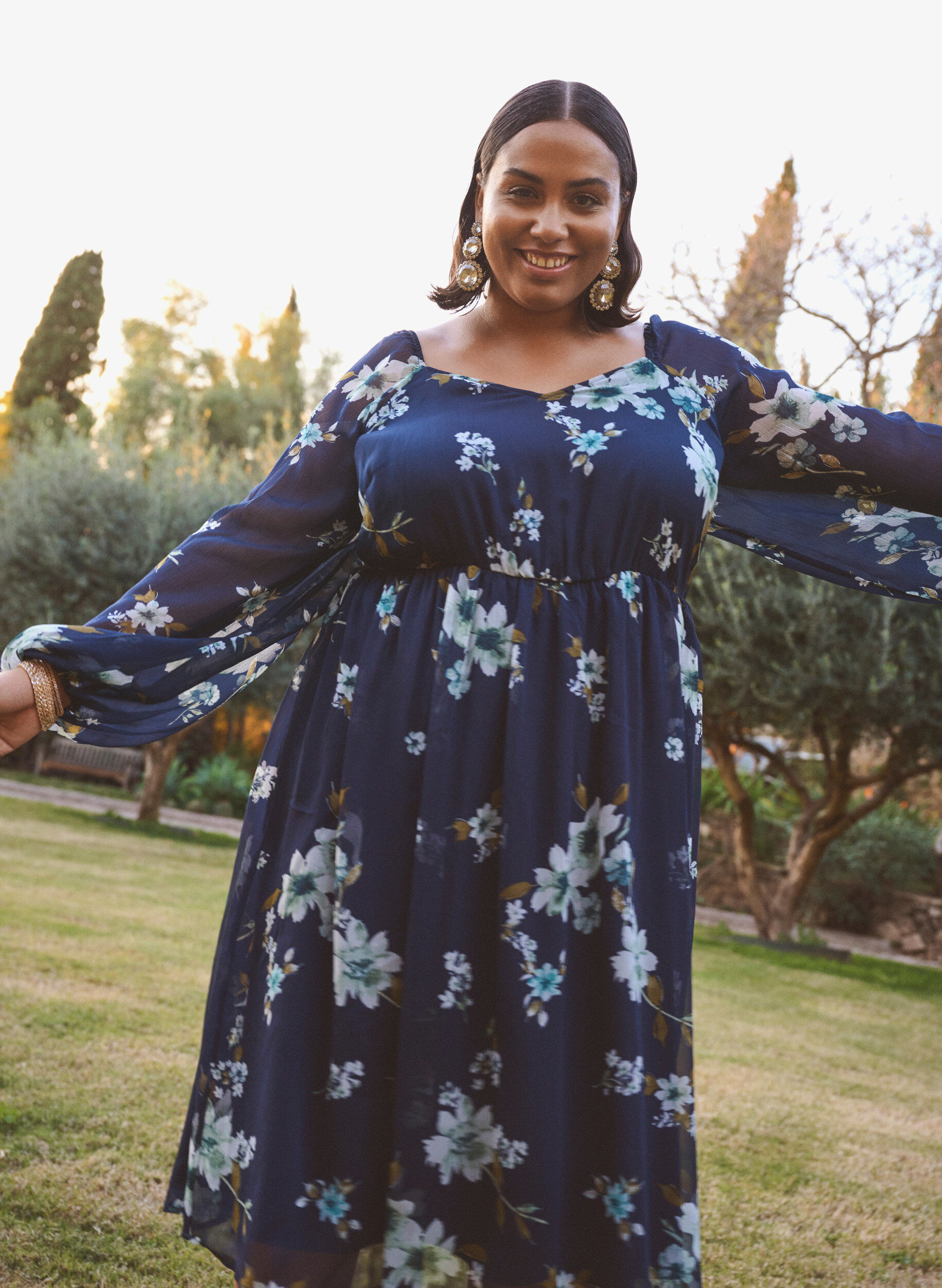 Zizzifashion Chiffon party dress with long sleeves, Blue, Image image number 0