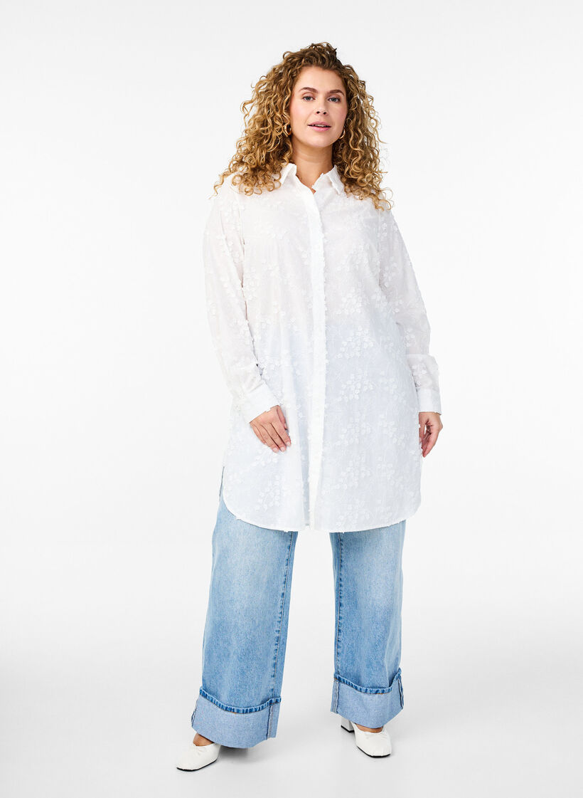 Shirt dress with embroidered flowers, White, Model image number 1