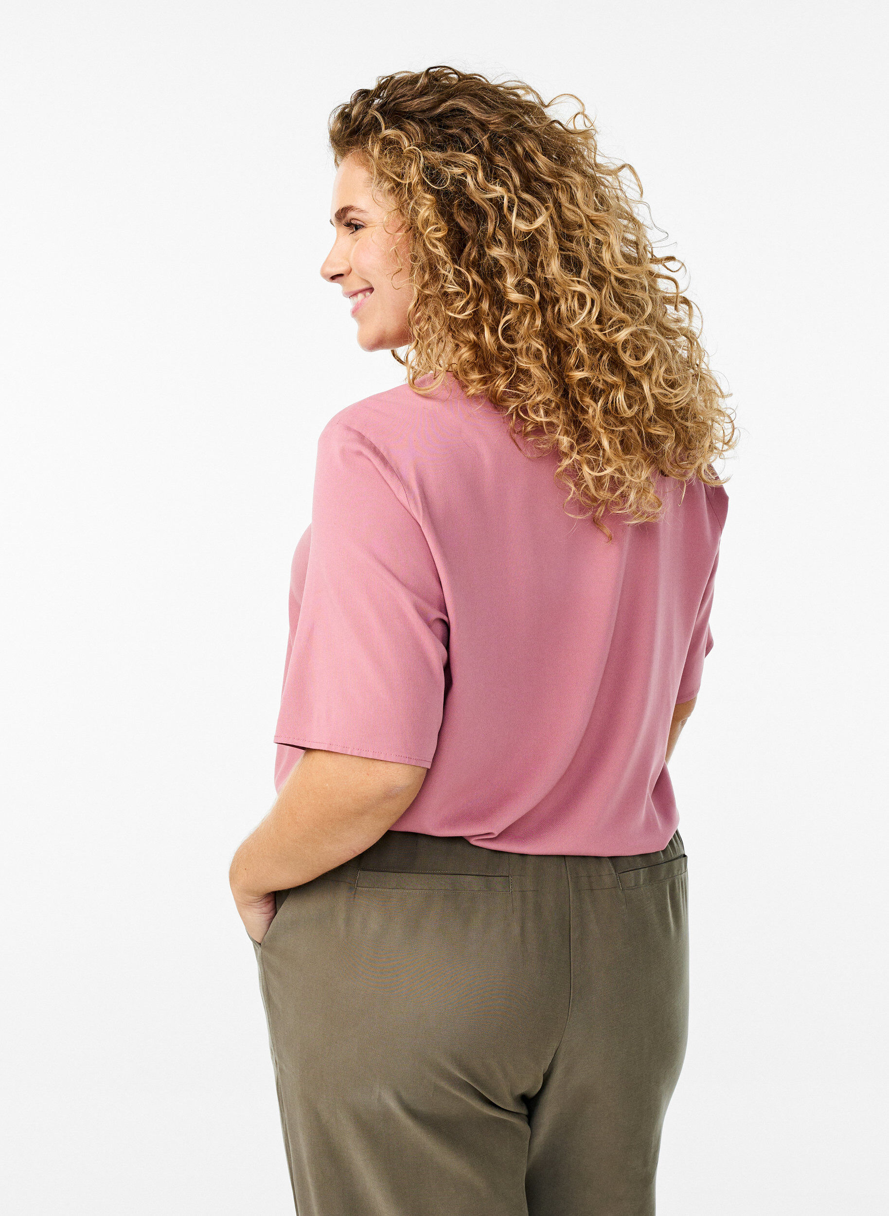 Zizzifashion Short-sleeved woven blouse with round neck, Rose, Model image number 2