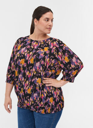 Printed viscose blouse with smock and 3/4 sleeved, Black AOP, Model image number 0
