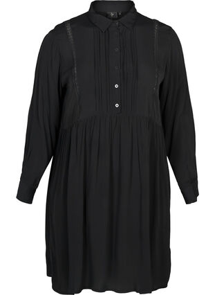 Viscose dress with a lace ribbon, Black, Packshot image number 0