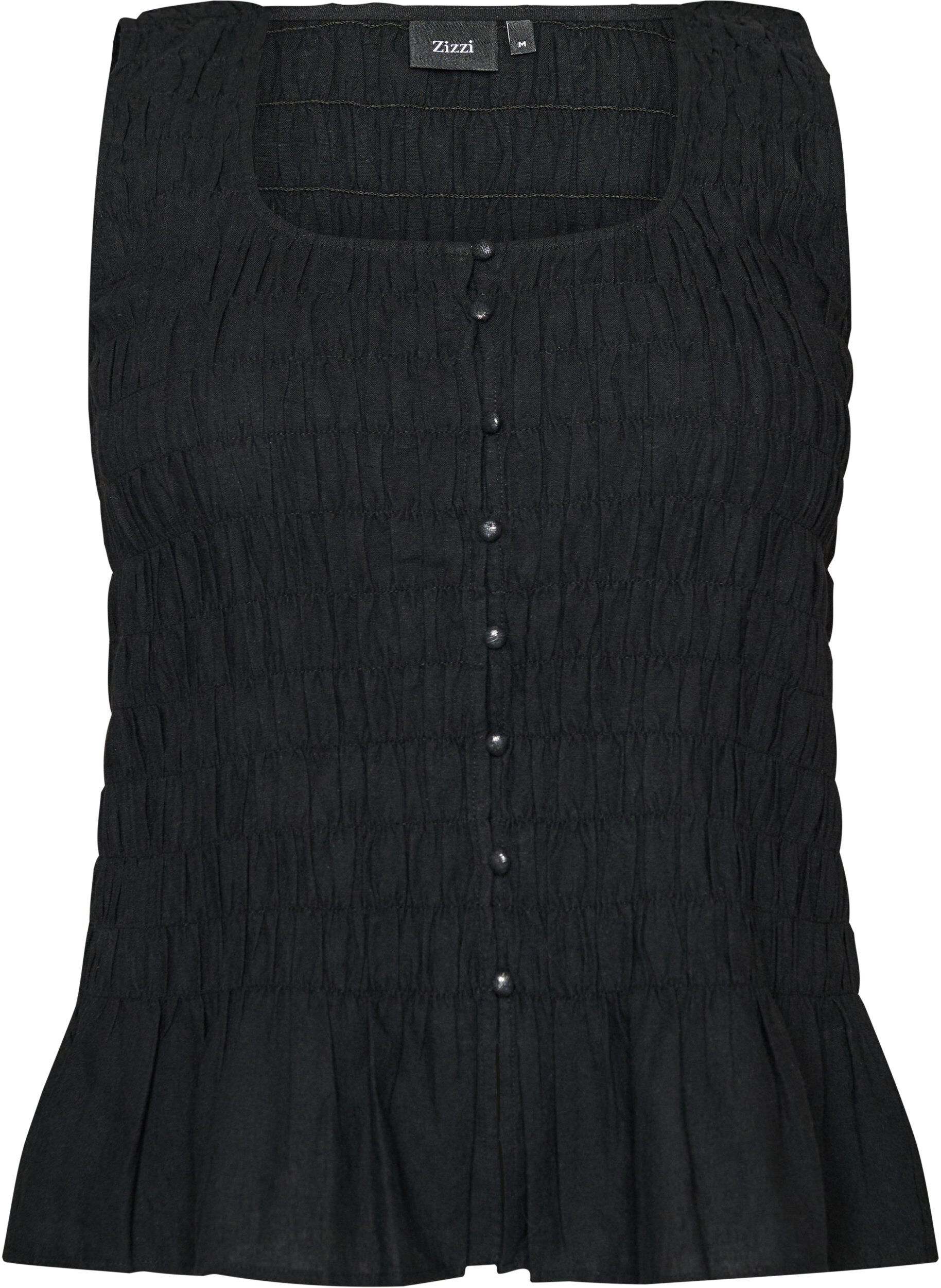 Zizzifashion Sleeveless cotton and linen top with smock, Black, Packshot image number 0