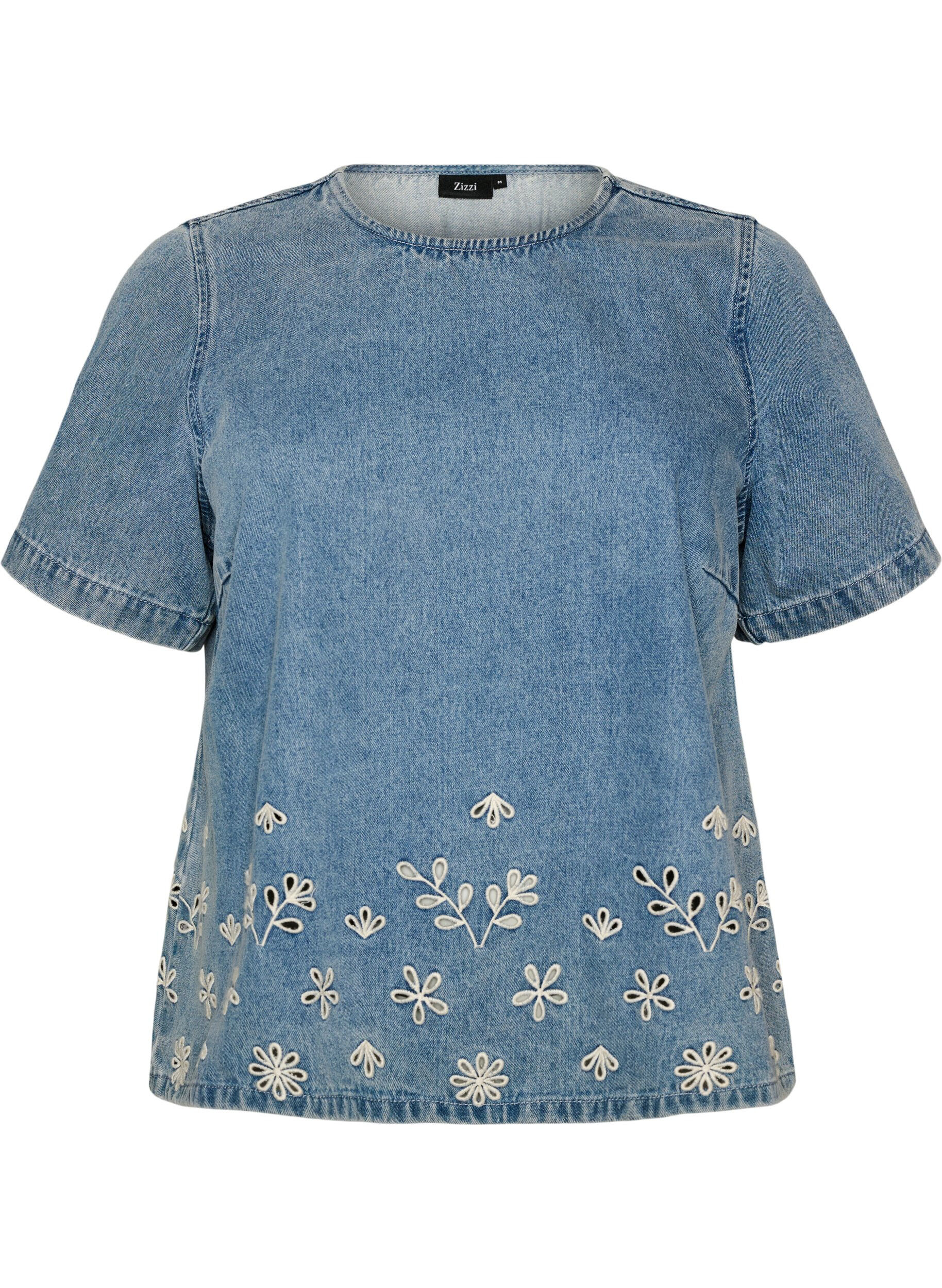 Short-sleeved denim blouse with broderie anglaise