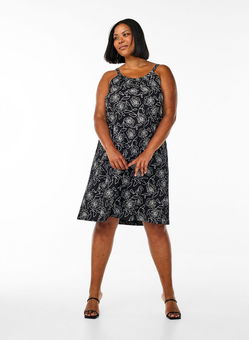 Knee-length strap dress in organic cotton, Black, Model image number 1