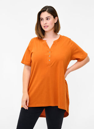 Cotton t-shirt with V-neck and buttons, Autumnal, Model image number 0