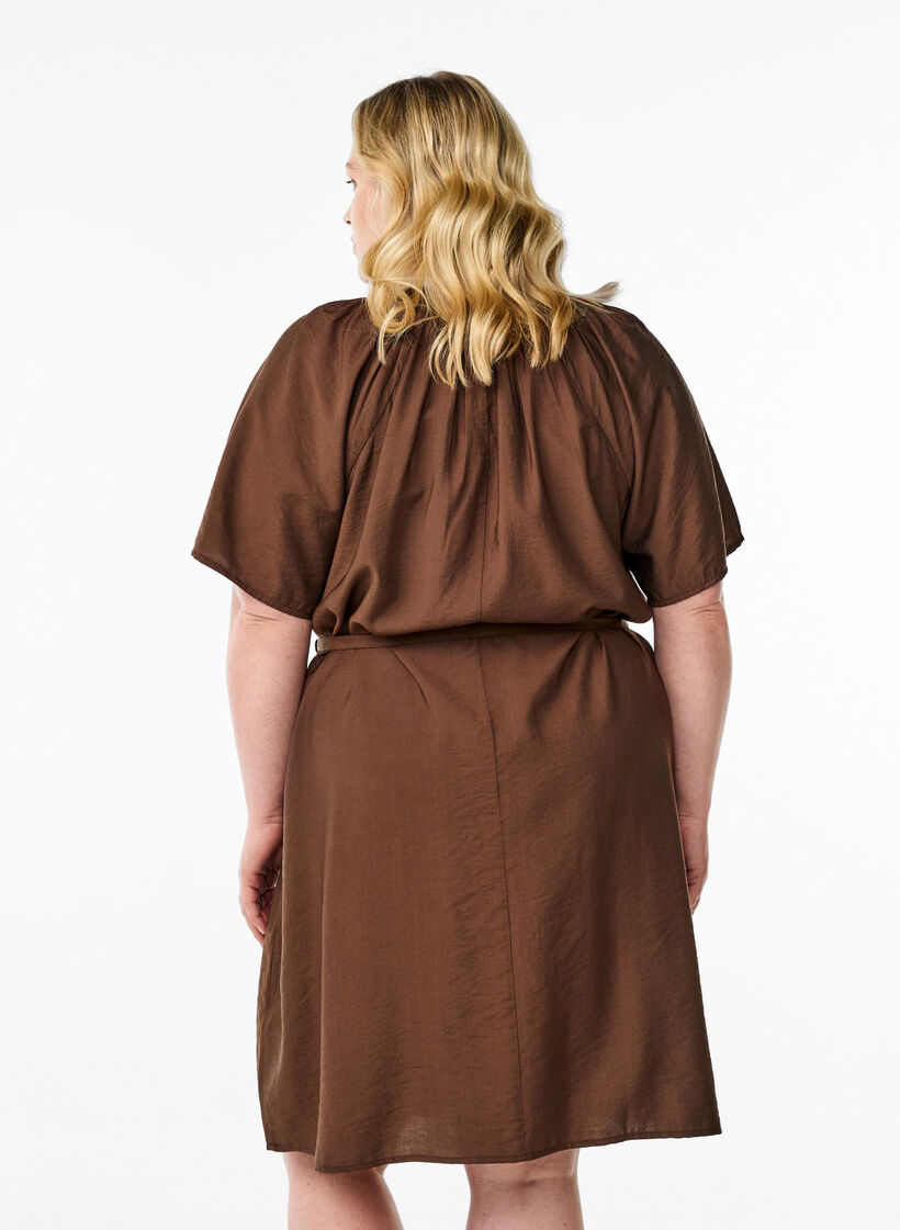 Knee-length dress with short sleeves and tie belt, Brown, Model image number 2