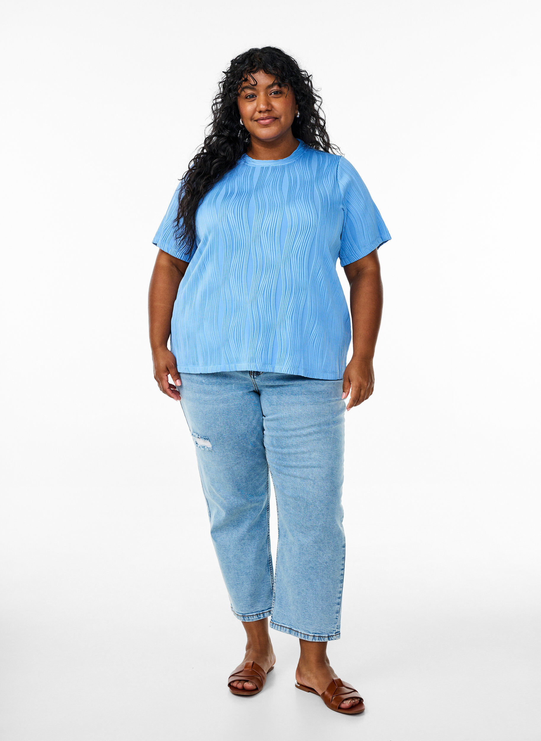 Zizzifashion Blouse with short sleeves and a wavy texture, Light Blue, Model image number 1