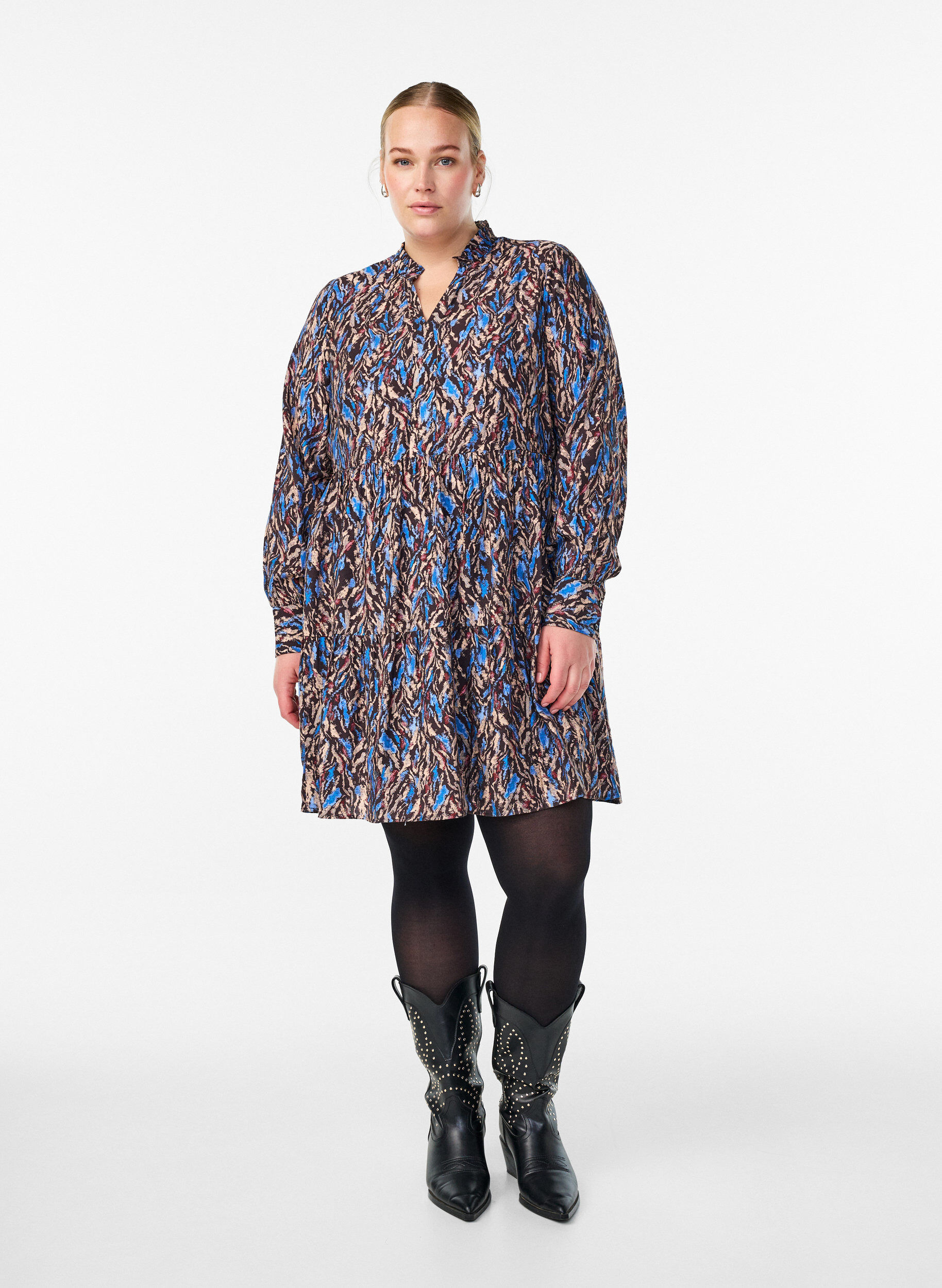 Zizzifashion A-line dress with a ruffle collar, Blue, Model image number 1