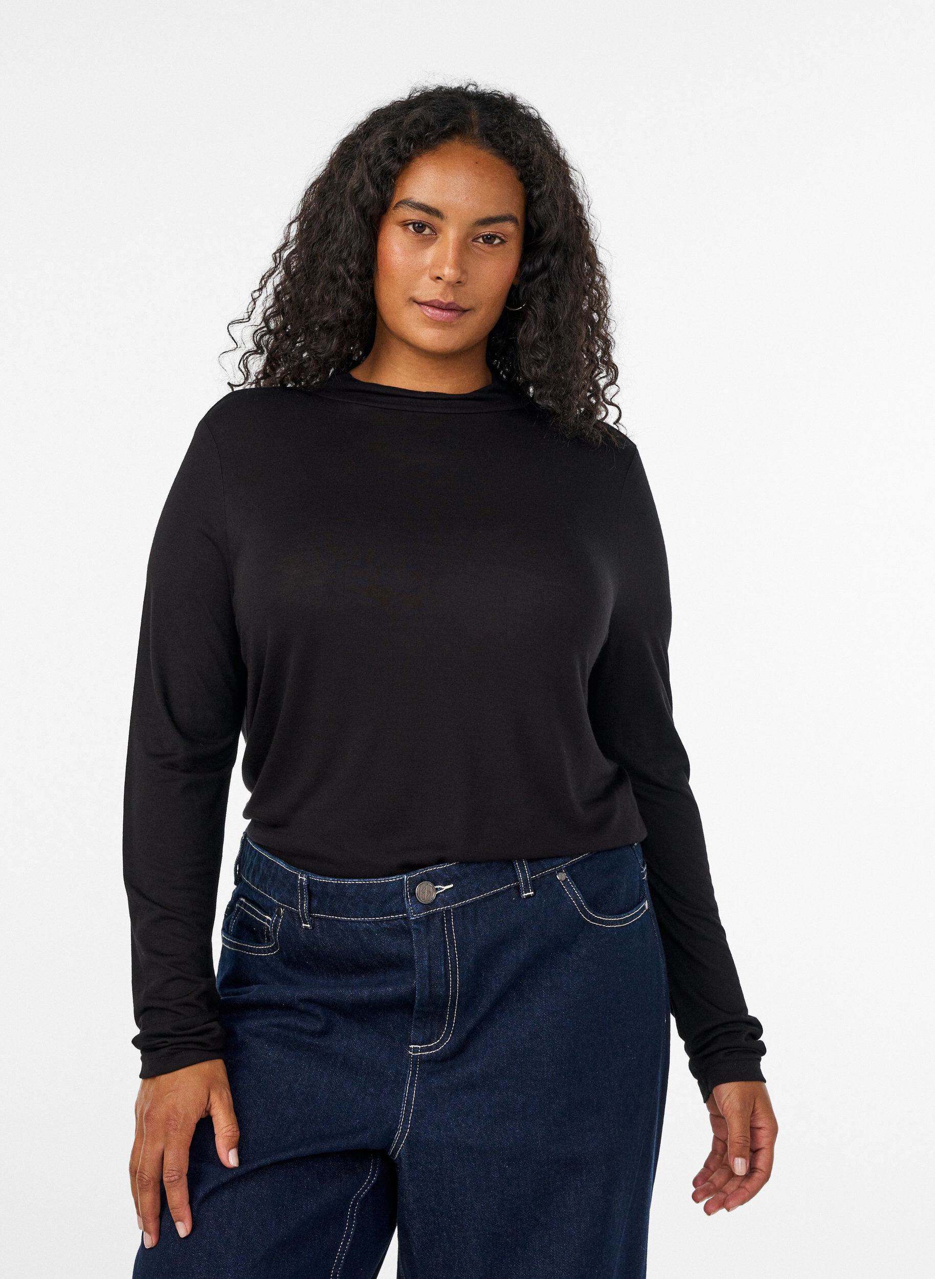 ZizzifashionHigh-neck blouse in viscose jersey, Black, Model image number 0