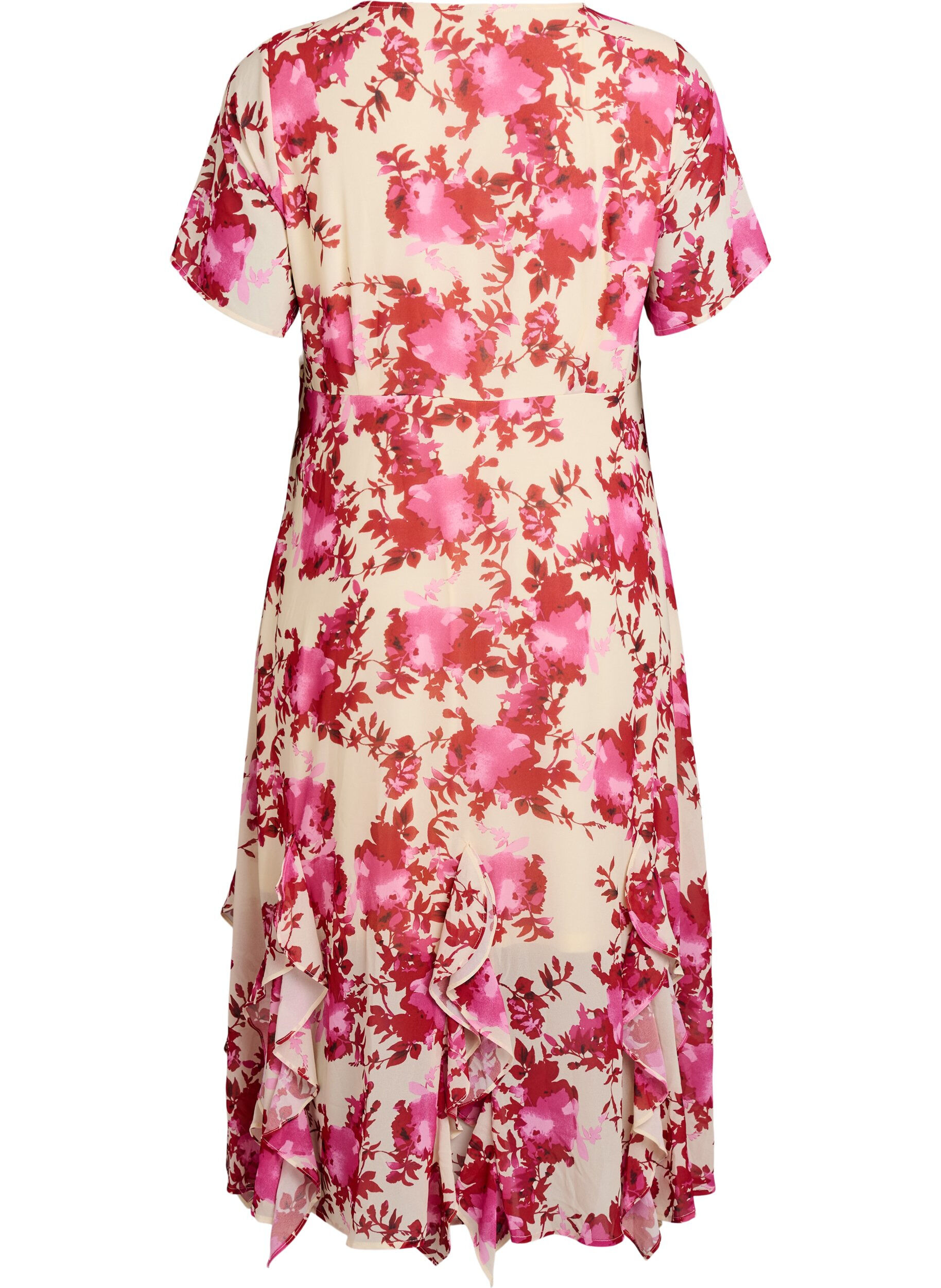 Zizzifashion Floral chiffon dress with ruffle details and a V-neck, Pink, Packshot image number 1