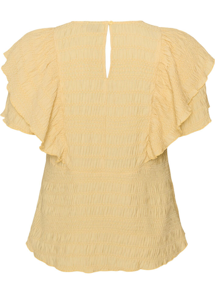Blouse with smocked texture and ruffle sleeves, Yellow, Packshot image number 1