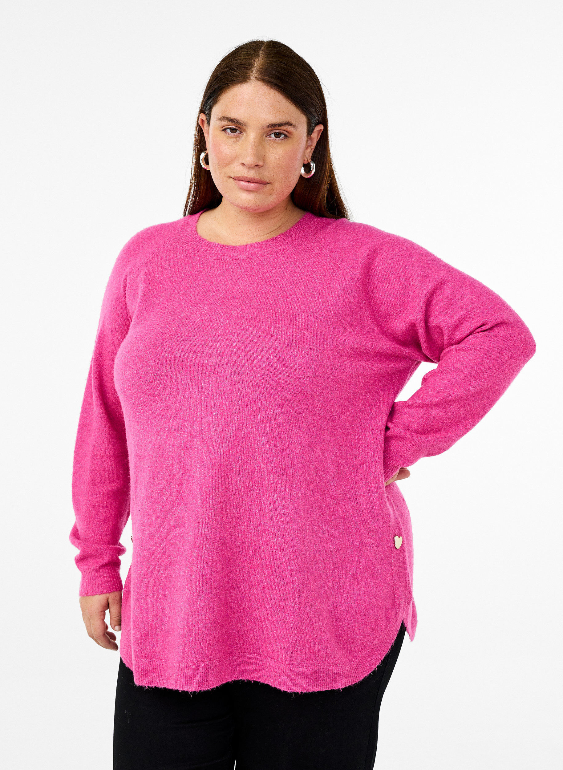 Zizzifashion Long knitted blouse with button detail at the side, Raspberry Rose Mel., Model image number 0