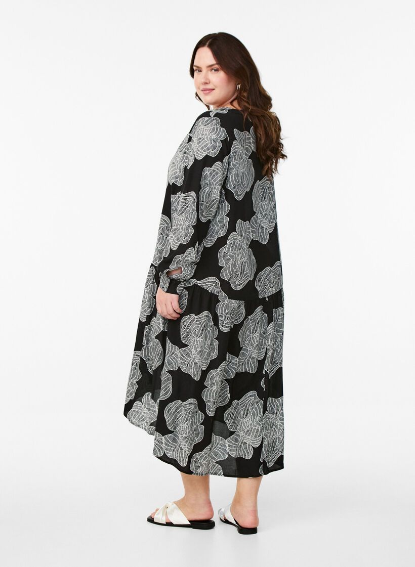 Printed viscose midi dress with long sleeves, Black, Model image number 1
