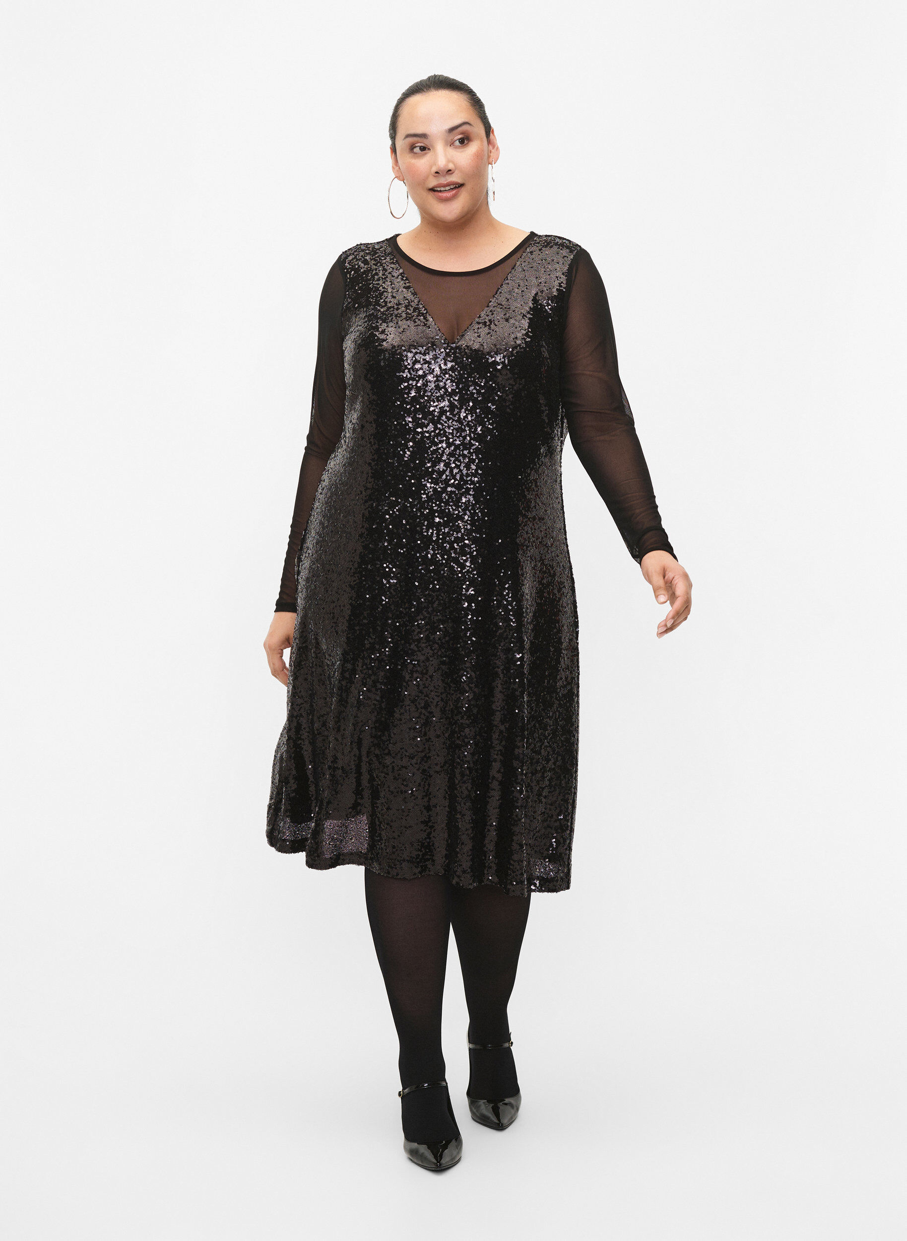 Zizzifashion A-line sequin dress with long sleeves, Black, Model image number 3