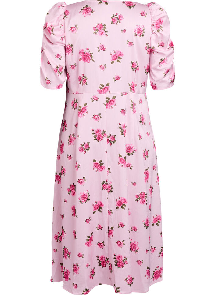 Floral midi dress with puff sleeves, Pink, Packshot image number 1