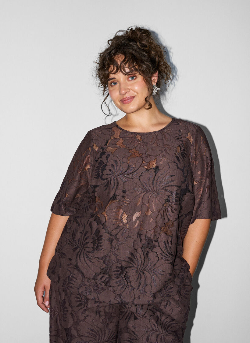 Lace blouse with short sleeves, Brown, Model image number 0