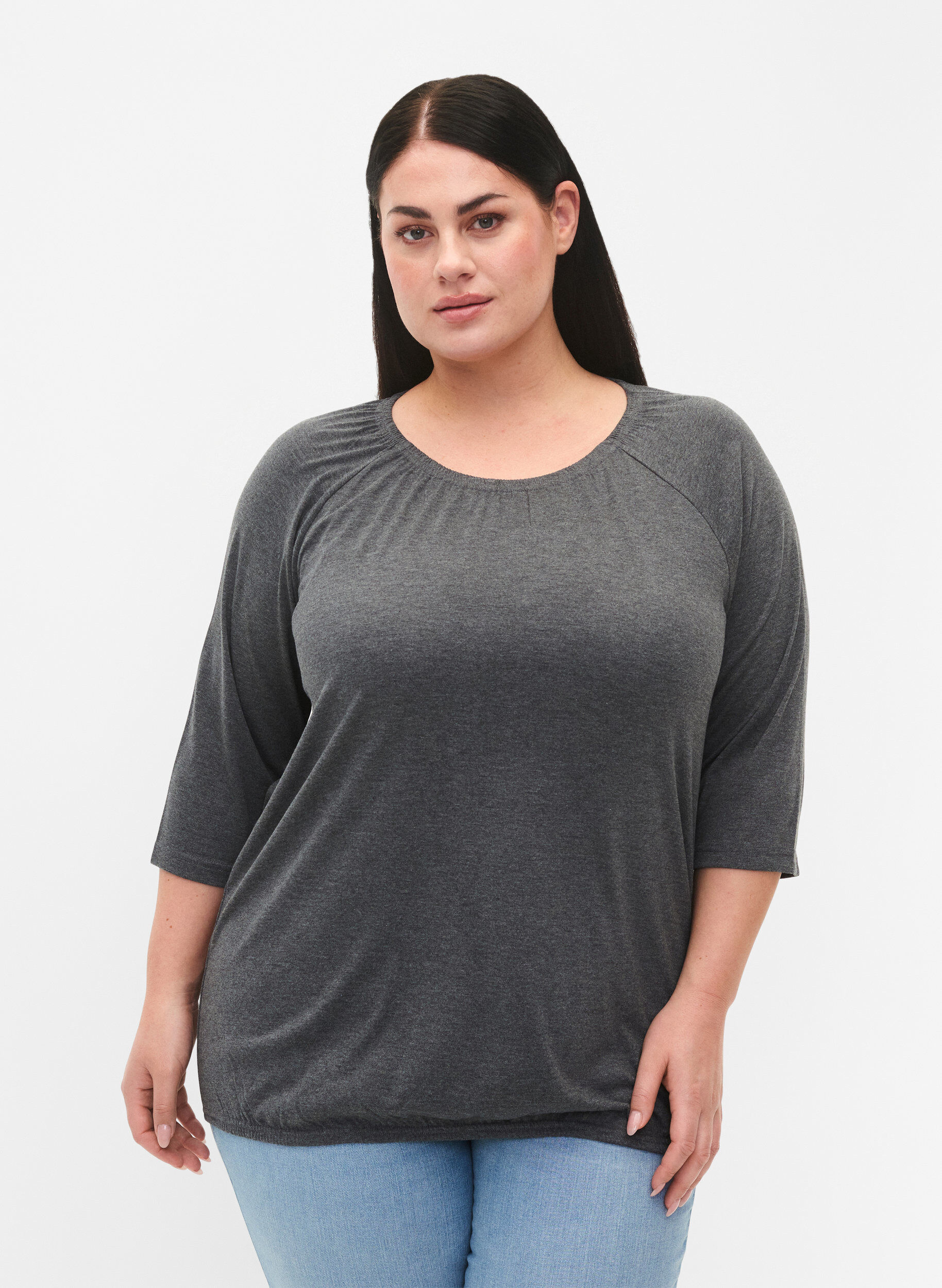 Zizzifashion Malange blouse with 3/4 sleeves, Dark Grey Melange, Model image number 0