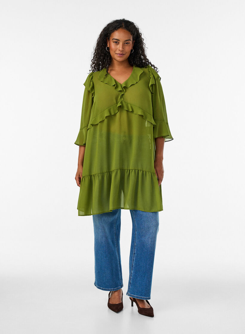 Lightweight dress with ruffles and a V-neck, Green, Model image number 1