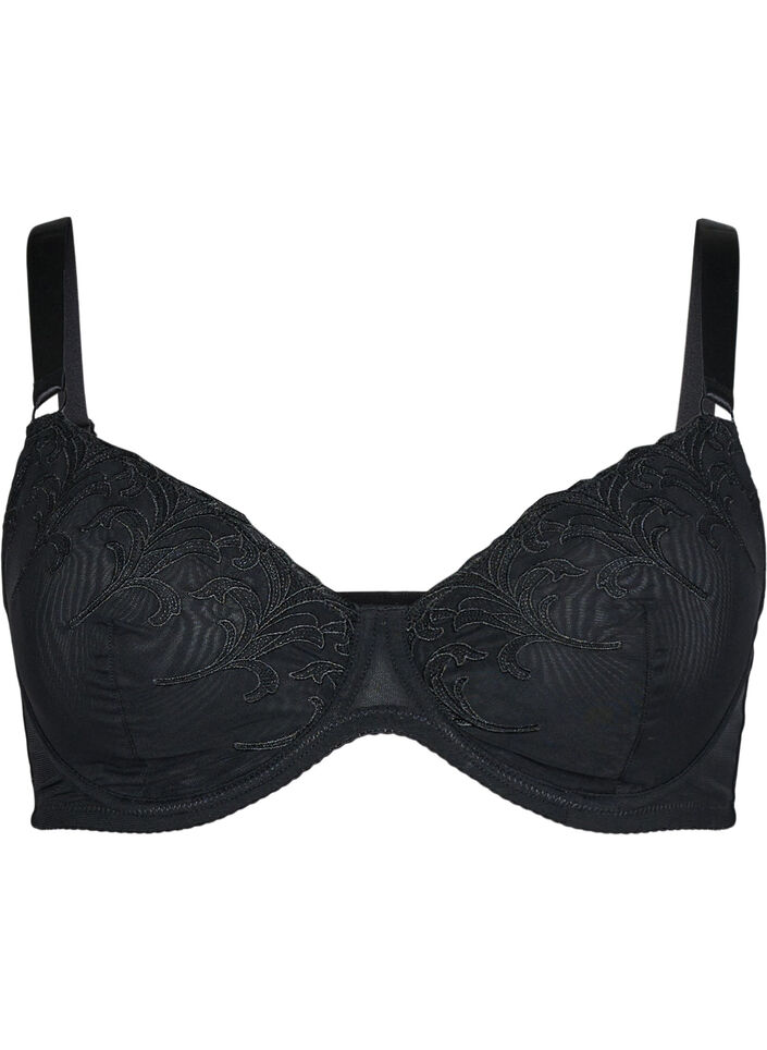 Full cover bra in mesh with embroidered pattern, Black, Packshot image number 0