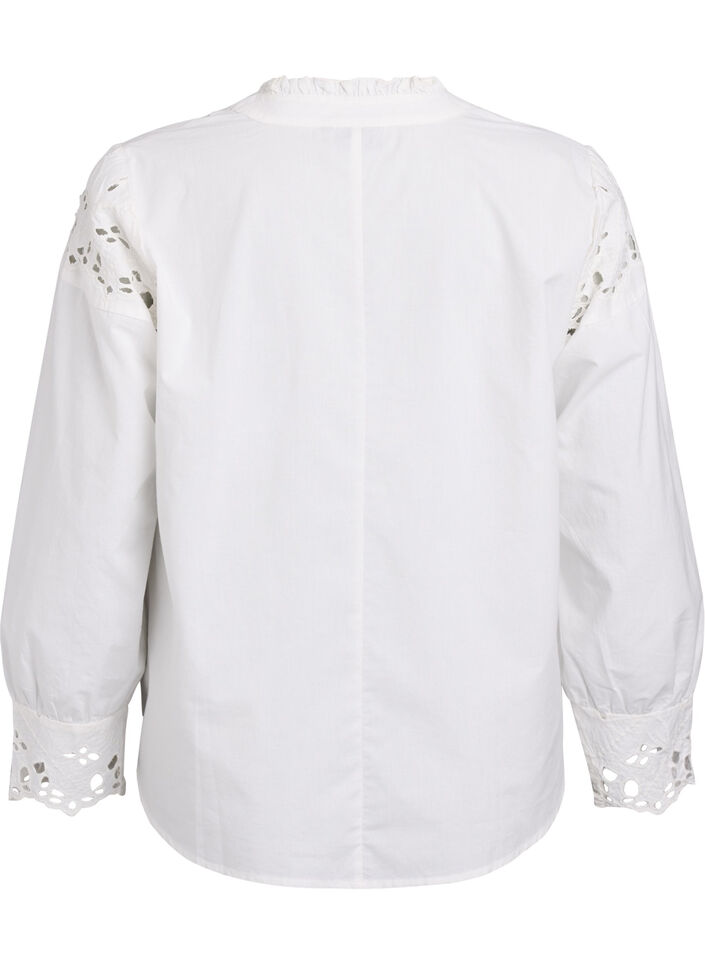 Blouse with V-neck and broderie anglaise details, White, Packshot