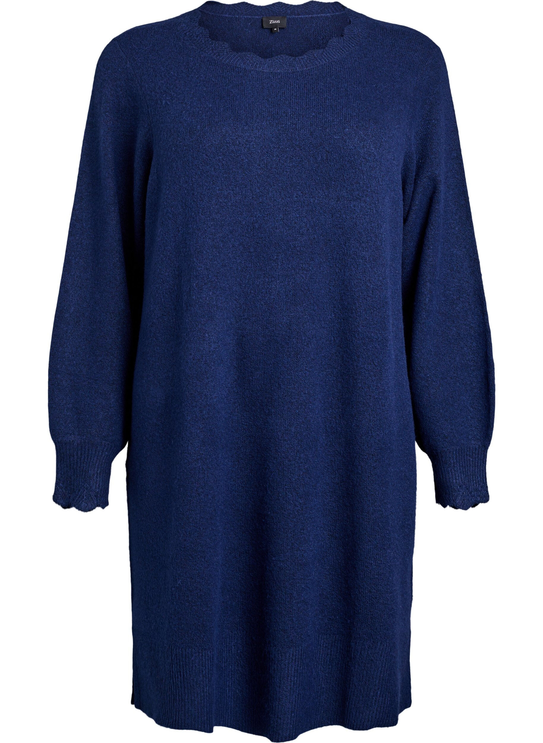 ZizzifashionShort knitted dress with wavy hem and slits, Blue, Packshot image number 0