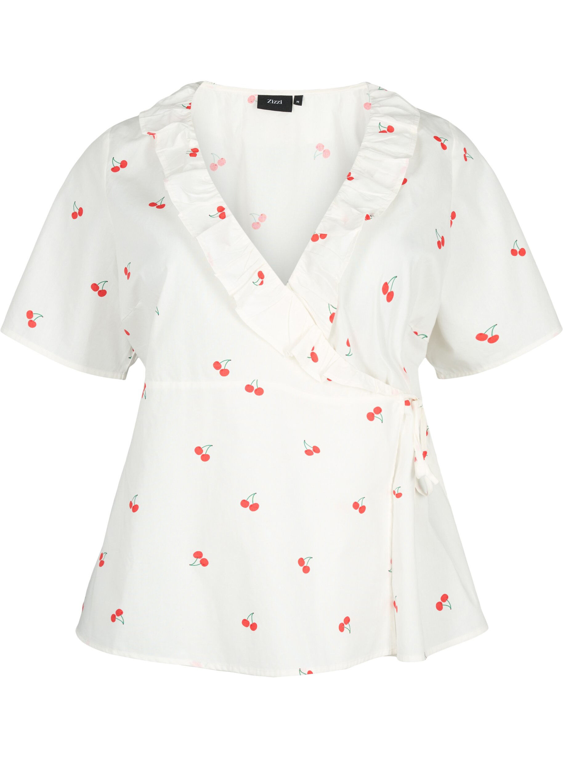 Zizzifashion Cherry print wrap blouse in cotton, B. White/Cherry, Packshot image number 0